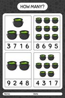 How many counting game with cauldron. worksheet for preschool kids, kids activity sheet vector