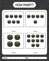 How many counting game with cauldron. worksheet for preschool kids, kids activity sheet vector