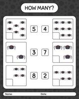 How many counting game with spider. worksheet for preschool kids, kids activity sheet vector