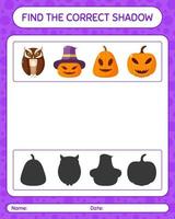 encuentra el juego de sombras correcto con el icono de halloween. hoja de trabajo para niños en edad preescolar, hoja de actividades para niños vector