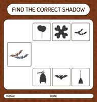 encuentra el juego de sombras correcto con bat. hoja de trabajo para niños en edad preescolar, hoja de actividades para niños vector