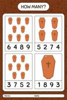 How many counting game with coffin. worksheet for preschool kids, kids activity sheet vector