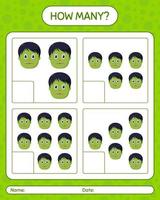 How many counting game with zombie. worksheet for preschool kids, kids activity sheet vector