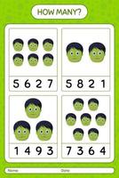 How many counting game with zombie. worksheet for preschool kids, kids activity sheet vector