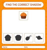 encuentra el juego de sombras correcto con cupcake. hoja de trabajo para niños en edad preescolar, hoja de actividades para niños vector