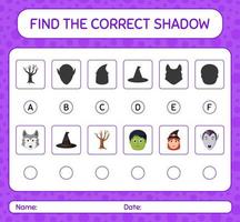 encuentra el juego de sombras correcto con el icono de halloween. hoja de trabajo para niños en edad preescolar, hoja de actividades para niños vector