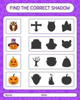 encuentra el juego de sombras correcto con el icono de halloween. hoja de trabajo para niños en edad preescolar, hoja de actividades para niños vector