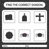 Find the correct shadows game with spider. worksheet for preschool kids, kids activity sheet vector