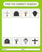 Find the correct shadows game with halloween icon. worksheet for preschool kids, kids activity sheet vector