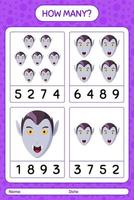 How many counting game with vampire. worksheet for preschool kids, kids activity sheet vector