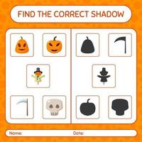 encuentra el juego de sombras correcto con el icono de halloween. hoja de trabajo para niños en edad preescolar, hoja de actividades para niños vector