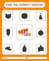 Find the correct shadows game with candy. worksheet for preschool kids, kids activity sheet vector