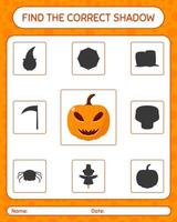 encuentra el juego de sombras correcto con jack o 'lantern. hoja de trabajo para niños en edad preescolar, hoja de actividades para niños vector