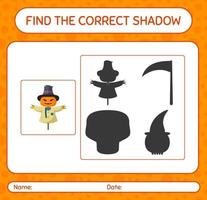 Find the correct shadows game with scarecrow. worksheet for preschool kids, kids activity sheet vector