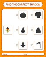 Find the correct shadows game with scarecrow. worksheet for preschool kids, kids activity sheet vector