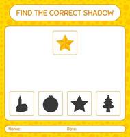 Find the correct shadows game with christmas ornament. worksheet for preschool kids, kids activity sheet vector