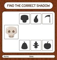 encuentra el juego de sombras correcto con calavera. hoja de trabajo para niños en edad preescolar, hoja de actividades para niños vector