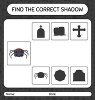 Find the correct shadows game with spider. worksheet for preschool kids, kids activity sheet vector