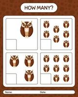 How many counting game with owl. worksheet for preschool kids, kids activity sheet