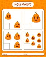 How many counting game with jack o' lantern. worksheet for preschool kids, kids activity sheet vector