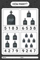 How many counting game with tombstone. worksheet for preschool kids, kids activity sheet vector