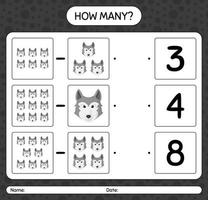 How many counting game with wolf. worksheet for preschool kids, kids activity sheet vector