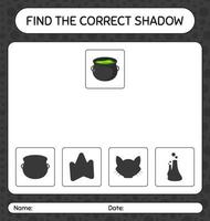 Find the correct shadows game with cauldron. worksheet for preschool kids, kids activity sheet vector