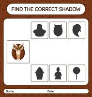 Find the correct shadows game with owl. worksheet for preschool kids, kids activity sheet vector