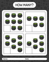 How many counting game with cauldron. worksheet for preschool kids, kids activity sheet vector