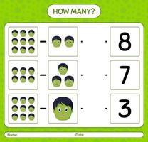 How many counting game with zombie. worksheet for preschool kids, kids activity sheet vector