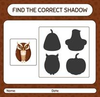 Find the correct shadows game with owl. worksheet for preschool kids, kids activity sheet vector