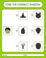 Find the correct shadows game with zombie. worksheet for preschool kids, kids activity sheet vector