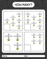 How many counting game with tombstone. worksheet for preschool kids, kids activity sheet vector