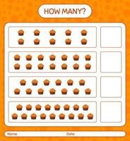 How many counting game with cupcake. worksheet for preschool kids, kids activity sheet vector