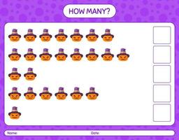 How many counting game with jack o' lantern. worksheet for preschool kids, kids activity sheet vector