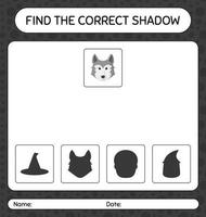 encuentra el juego de sombras correcto con wolf. hoja de trabajo para niños en edad preescolar, hoja de actividades para niños vector