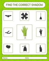 Find the correct shadows game with zombie's hand. worksheet for preschool kids, kids activity sheet vector