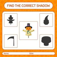 Find the correct shadows game with scarecrow. worksheet for preschool kids, kids activity sheet vector