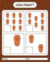 How many counting game with coffin. worksheet for preschool kids, kids activity sheet vector