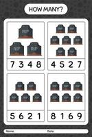 How many counting game with tombstone. worksheet for preschool kids, kids activity sheet vector