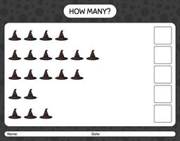 How many counting game with witch's hat. worksheet for preschool kids, kids activity sheet vector