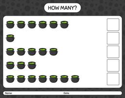 How many counting game with cauldron. worksheet for preschool kids, kids activity sheet vector