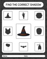 Find the correct shadows game with witch's hat. worksheet for preschool kids, kids activity sheet vector