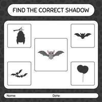 Find the correct shadows game with bat. worksheet for preschool kids, kids activity sheet vector