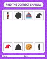 encuentra el juego de sombras correcto con el icono de navidad. hoja de trabajo para niños en edad preescolar, hoja de actividades para niños vector