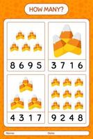 How many counting game with candy corn. worksheet for preschool kids, kids activity sheet vector