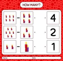 How many counting game with candle. worksheet for preschool kids, kids activity sheet vector