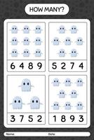 How many counting game with ghost. worksheet for preschool kids, kids activity sheet vector