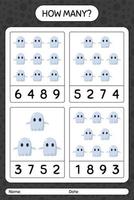 How many counting game with ghost. worksheet for preschool kids, kids activity sheet vector