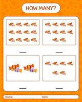 How many counting game with candy. worksheet for preschool kids, kids activity sheet vector